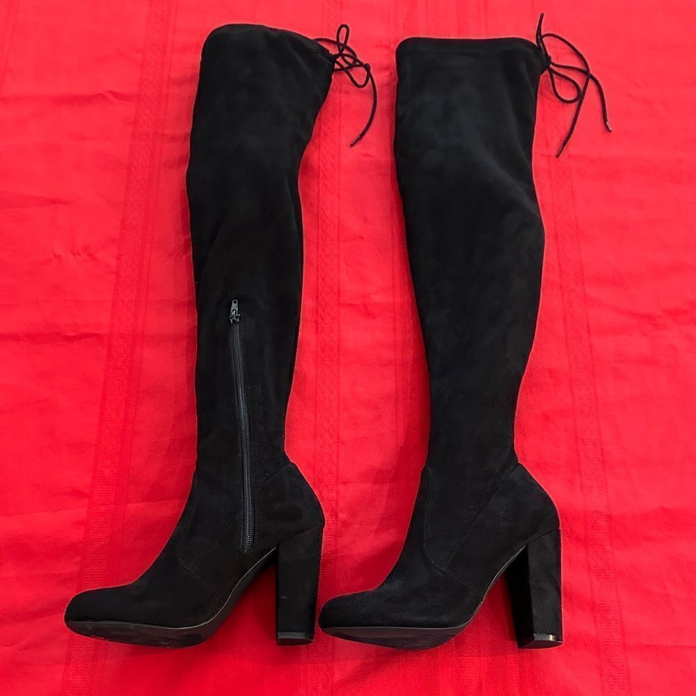 Olivia Ferguson Chic Black Suede Over the Knee Tie/Zip Boots Size 7.5